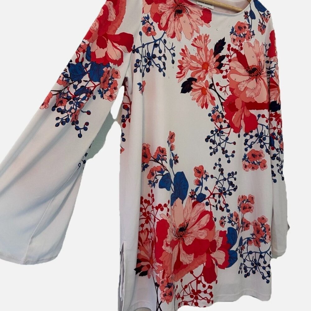 Women's Medium Floral Soft Flowy Stretch Rhinestone Relaxed Work Casual Blouse - Picture 2 of 4